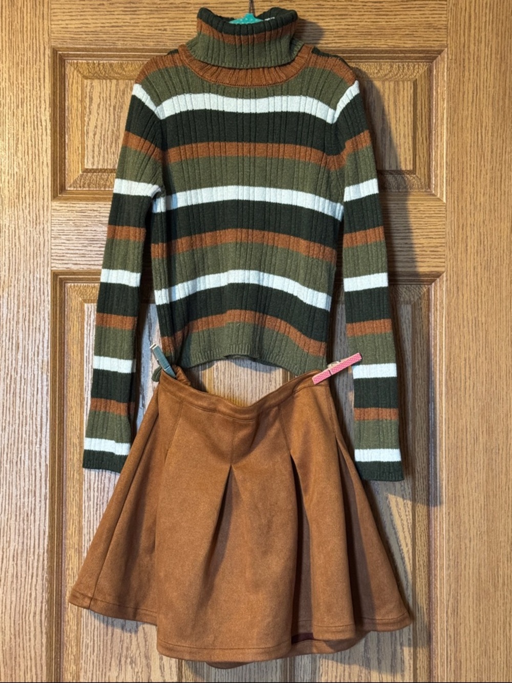 Striped Ribbed Turtleneck Sweater with pleated skirt
